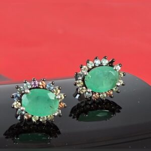 925 Sterling Silver Stud Earrings 8x11mm with Natural Emerald & Sapphire Gems