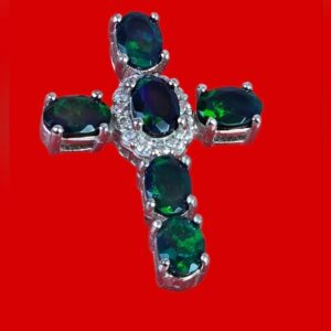 925 Sterling Silver Cross Pendant With Natural Black Opal & CZ