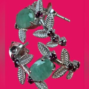 925 Sterling Silver Earrings with Natural Emerald & Rhodolite Garnet