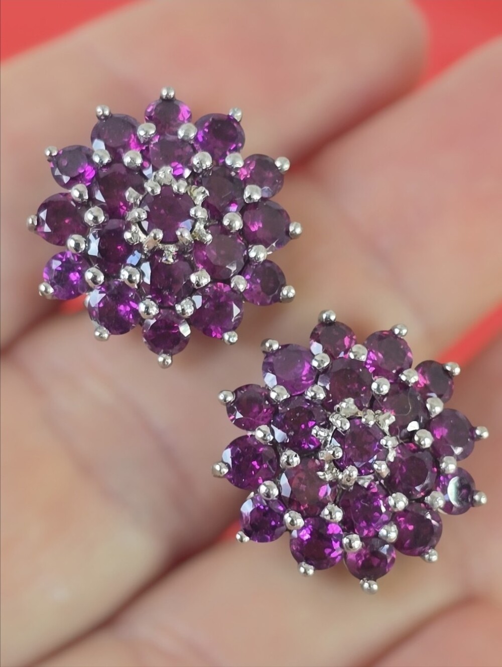 925 Sterling Silver Flower Earrings 2cm with Natural Rhodolite Garnet Gem