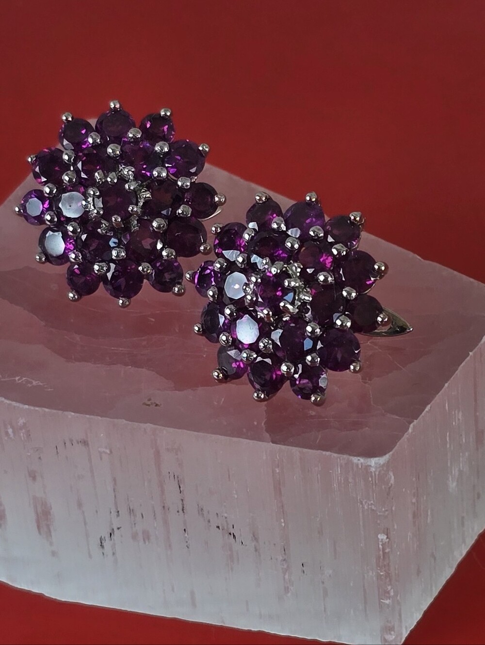 925 Sterling Silver Flower Earrings 2cm with Natural Rhodolite Garnet Gem