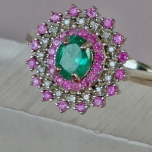 925 Sterling Silver Ring 7.5 with Natural Emerald Sapphires & Natural Diamonds