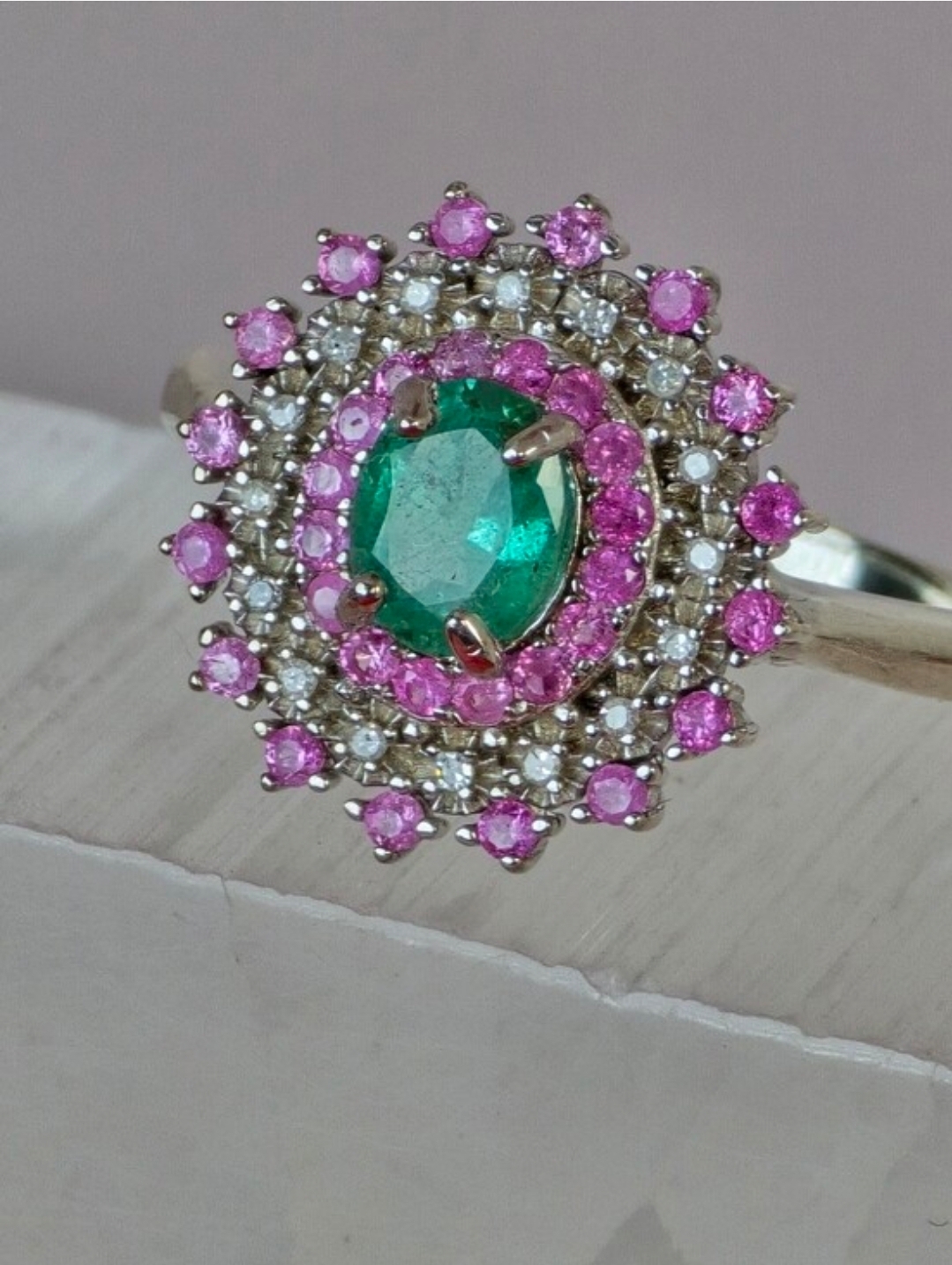 925 Sterling Silver Ring 7.5 with Natural Emerald Sapphires & Natural Diamonds