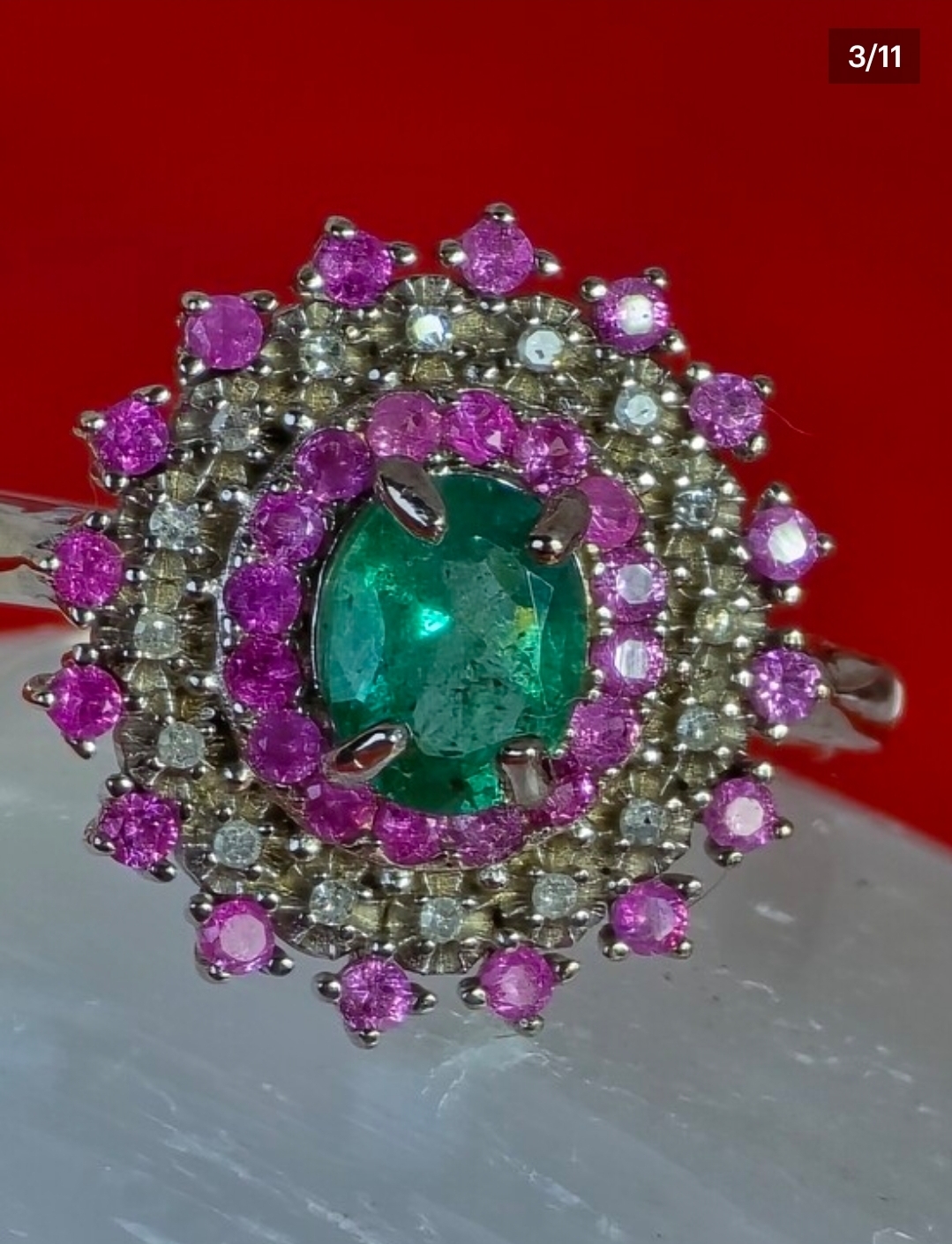 925 Sterling Silver Ring 7.5 with Natural Emerald Sapphires & Natural Diamonds - Image 2