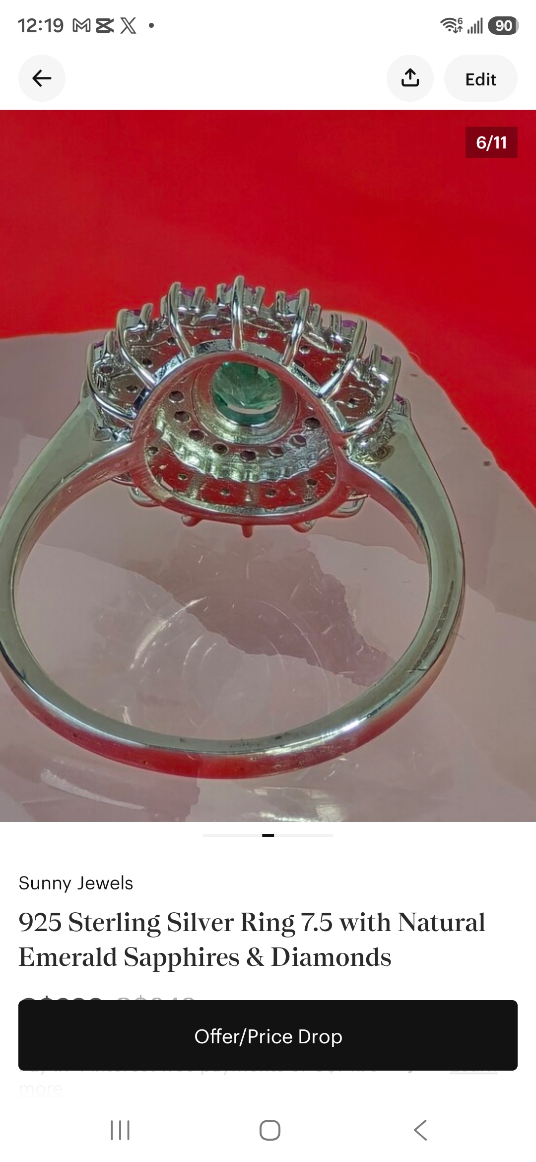 925 Sterling Silver Ring 7.5 with Natural Emerald Sapphires & Natural Diamonds - Image 4