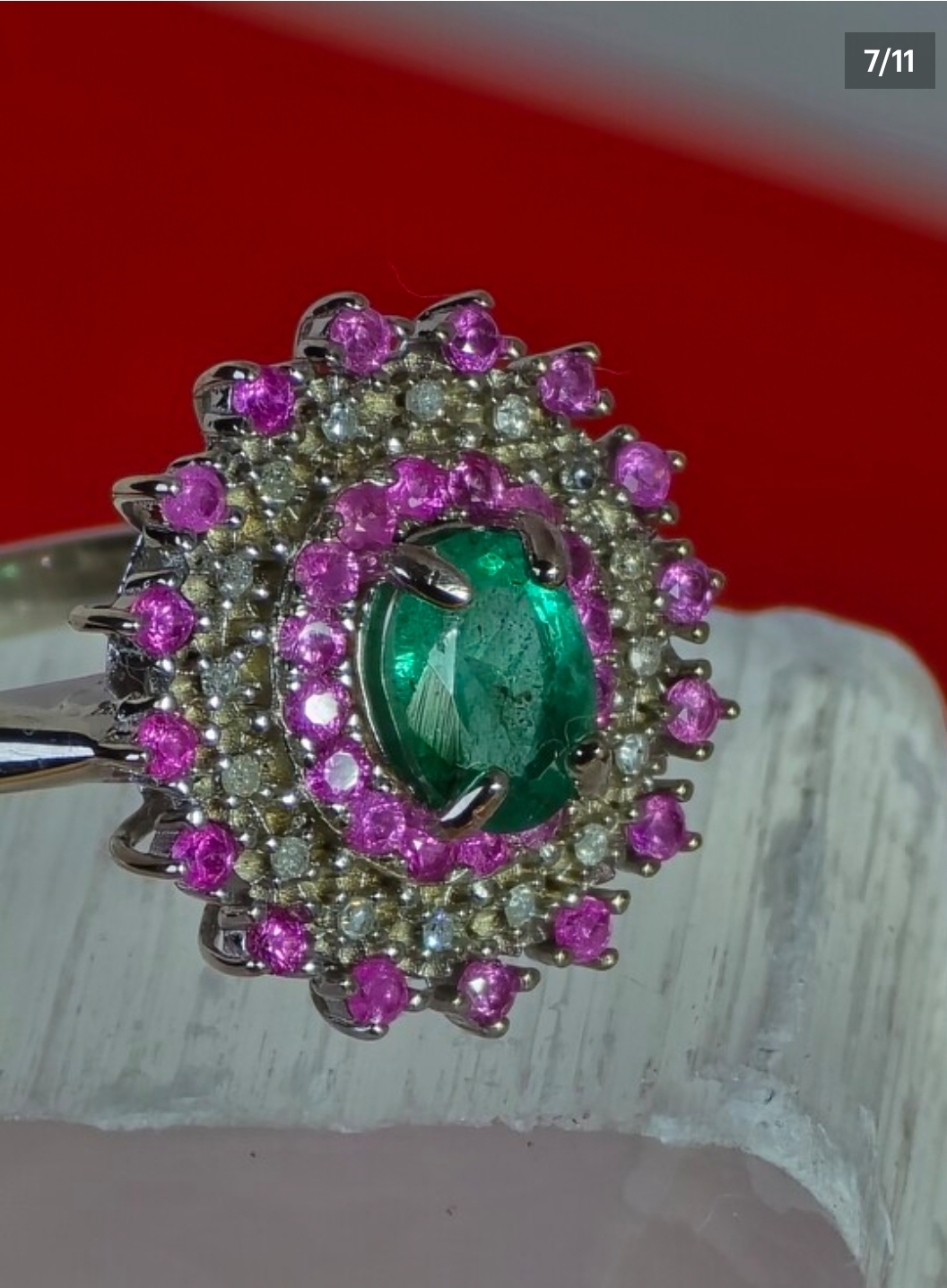 925 Sterling Silver Ring 7.5 with Natural Emerald Sapphires & Natural Diamonds - Image 6