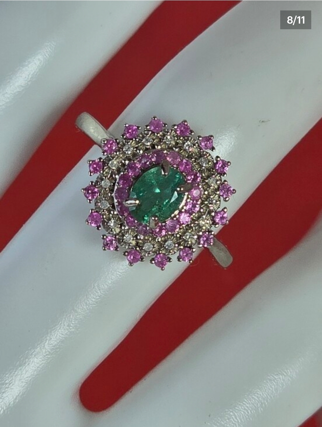 925 Sterling Silver Ring 7.5 with Natural Emerald Sapphires & Natural Diamonds - Image 7