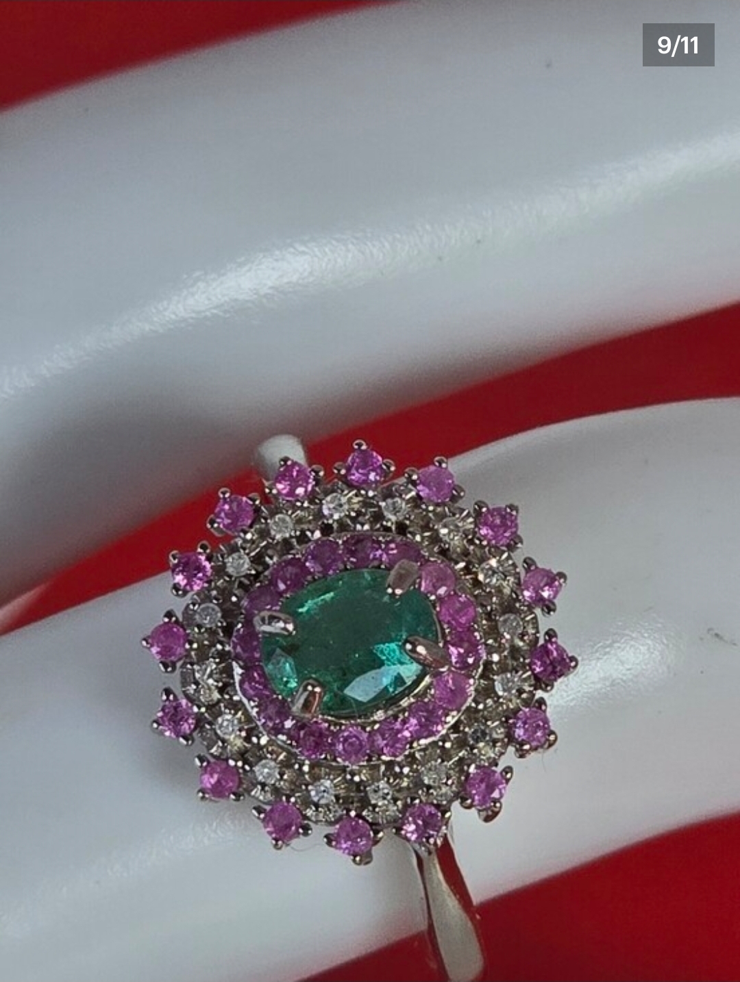 925 Sterling Silver Ring 7.5 with Natural Emerald Sapphires & Natural Diamonds - Image 8
