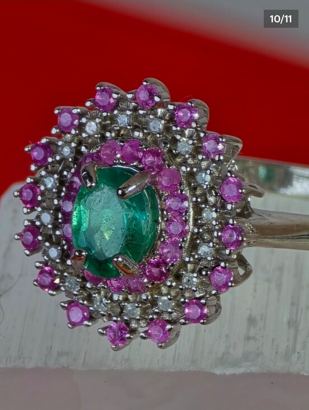 925 Sterling Silver Ring 7.5 with Natural Emerald Sapphires & Natural Diamonds - Image 9