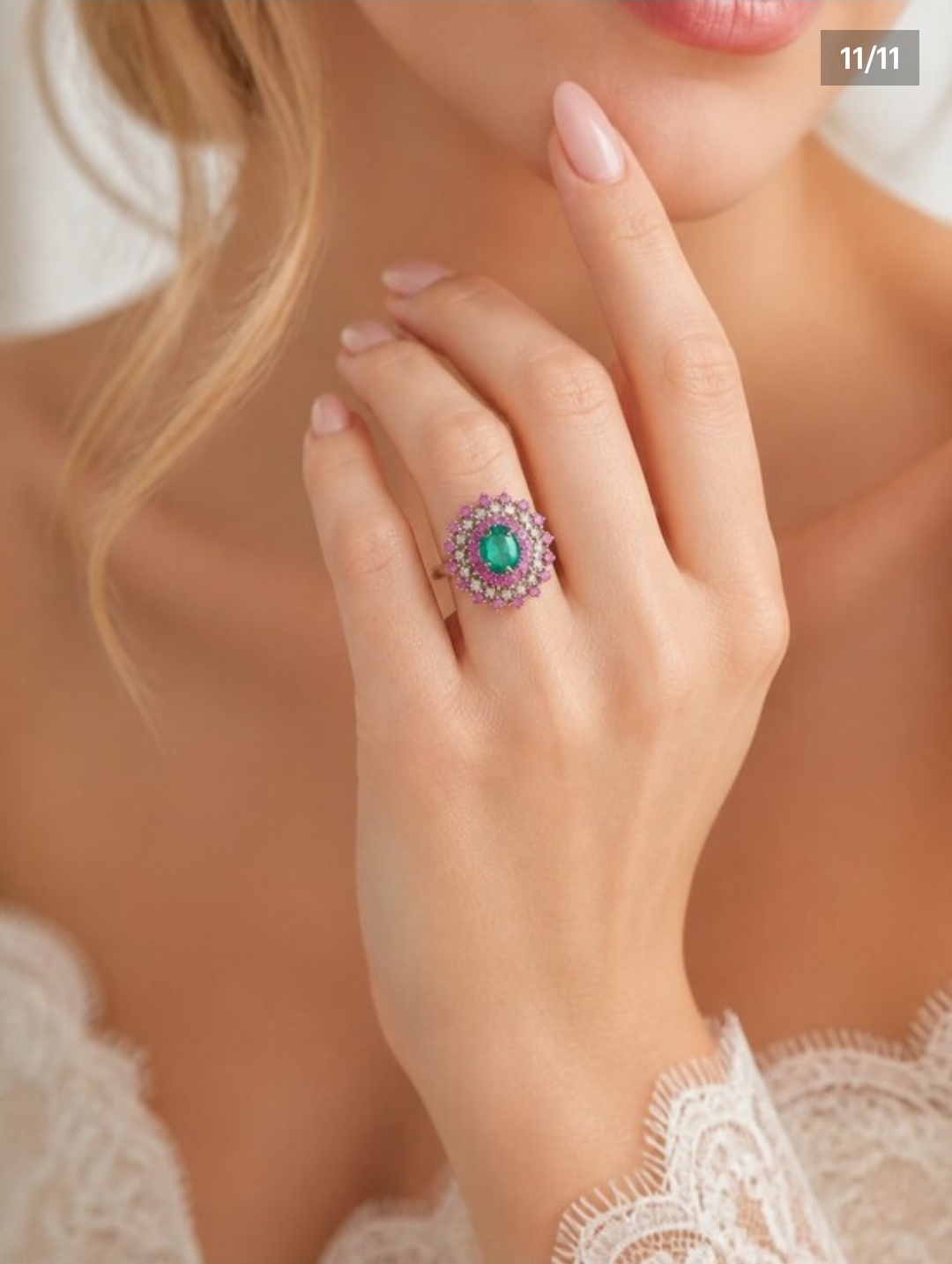 925 Sterling Silver Ring 7.5 with Natural Emerald Sapphires & Natural Diamonds - Image 10
