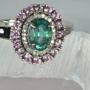 925 Sterling Silver Ring with Natural Emerald 5x7mm with Natural Pink Sapphires & Diamonds