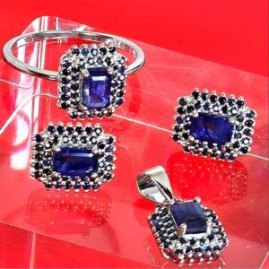 Natural Sapphire set 925 Sterling Silver Earrings, Pendant, Ring 7.25